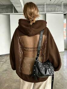 Women's Brown Long Sleeve Hooded Sweatshirt, Mesh Backless Fashion Hooded Sweatshirt, Suitable For Autumn/Winter Casual Fall - Coffee Brown - View 5