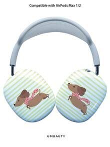 GIIPPA Glossy Hard Ear Cup Protective Cover, Yellow & White Striped And Dachshund Pattern, Unisex Anti-Scratch Shell Compatible With AirPods Max 1/2 Oval Over-Ear Headphones For Daily Commute, Campus, Cafe, Travel, Picnic And Other Scenes, Matching Outfit - Baby Blue - View 1