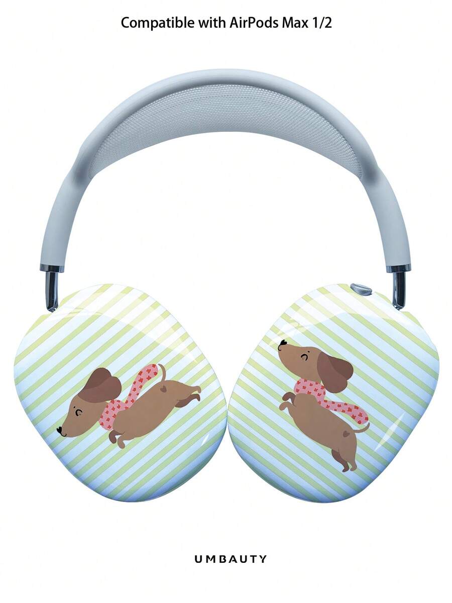 GIIPPA Glossy Hard Ear Cup Protective Cover, Yellow & White Striped And Dachshund Pattern, Unisex Anti-Scratch Shell Compatible With AirPods Max 1/2 Oval Over-Ear Headphones For Daily Commute, Campus, Cafe, Travel, Picnic And Other Scenes, Matching Outfit - Baby Blue - View 1