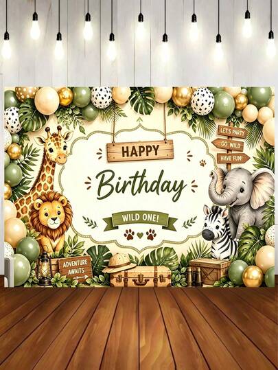 2D Flaches Banner, 1 Stück Dschungel Tier Abenteuer Thema Happy Birthday Hintergrundbanner, Ballon, Koffer, Palmblatt, süßes Cartoon Tier, Wildkönig Dekoration Design, geeignet für Tier Thema Geburtstagsfeier, Babyparty, Wanddekoration, Fotohintergrund, Innenraumdekoration, langanhaltend Vinylmaterial, Fotobox Requisite