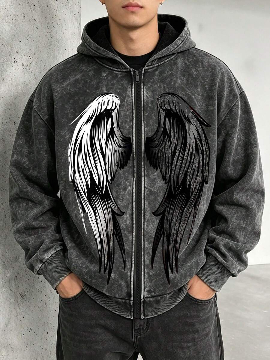 [Simple]Men's Retro Distressed Texture Washed Zip-Up Hooded Sweatshirt, Machine Washable Fabric, Printed Sweatshirt, Autumn/Winter Apparel - Black - View 1