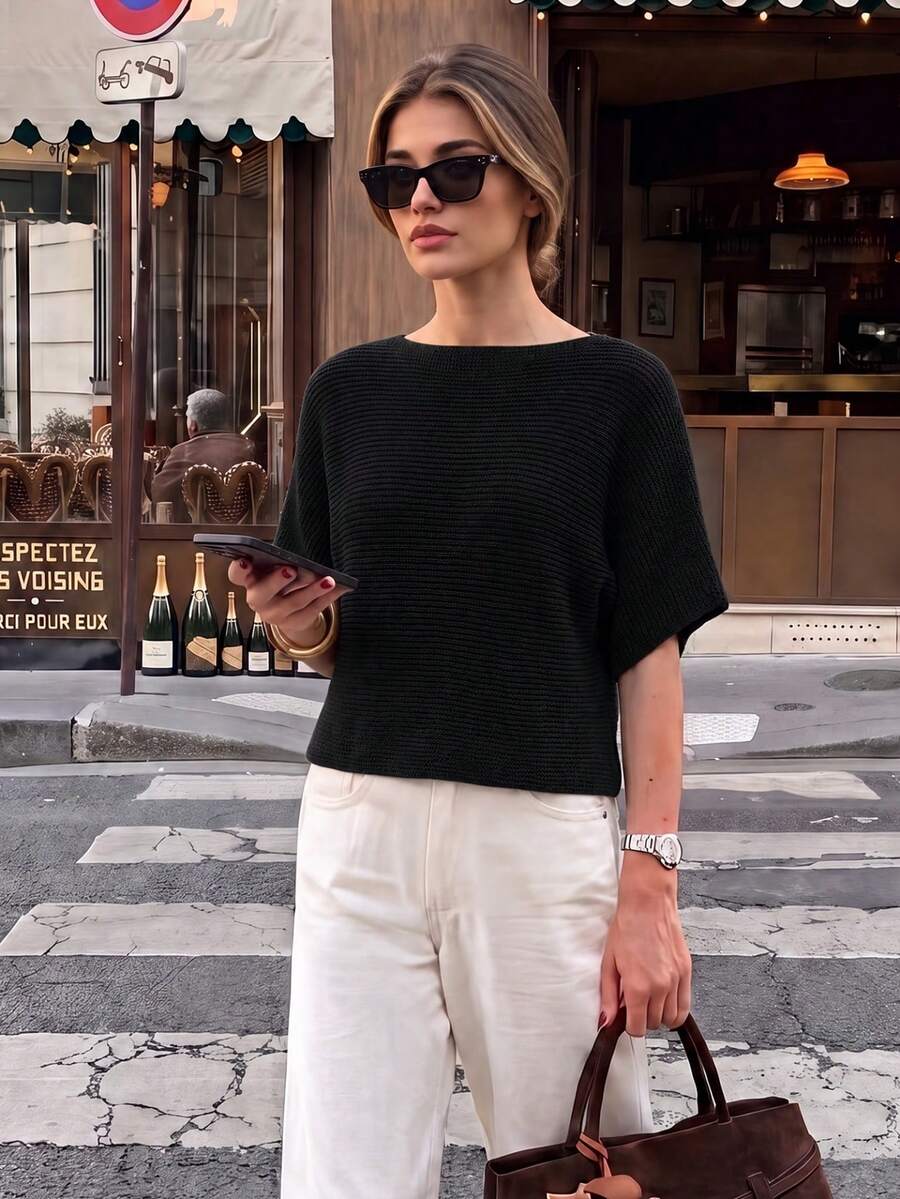 Senya Holiday Casual Solid Color Batwing Sleeve Side Slit Knit Pullover, Women's Daily Commute Vacation Elegant Spring/Summer Outfit - Black - View 1