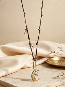 1pc Star & Moon Tassel Geometric Pendant Necklace With Brown Leather Long Cord, Elegant Vintage Style Women's Neck Jewelry, Suitable For Daily Wear, Gift For Friends - Multicolor - View 3