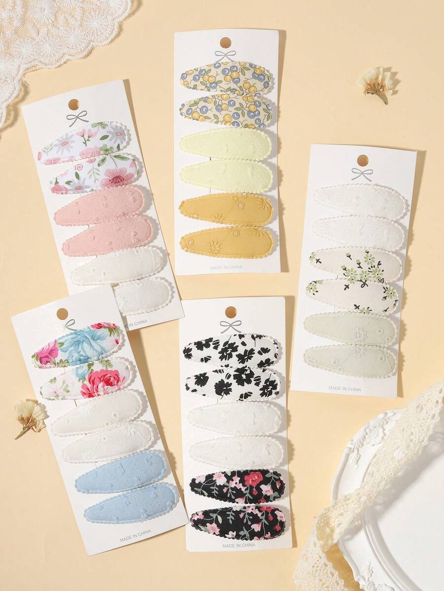 6pcs Pastoral Floral Print Water Drop Hair Clips, Gentle Lace Side Clips, Versatile Daily Decorative Hair Accessories