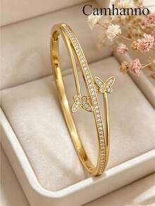 Camhanno 1pc Exquisite Butterfly Design Copper Plated 18K Gold Full Rhinestone Women's Bracelet, High-End Versatile Bracelet Jewelry - Gold - View 4