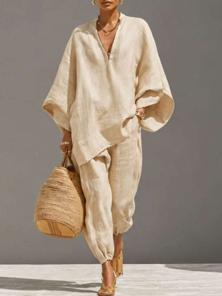 Women's Thin Solid Color Elegant Casual V-Neck Set - Champagne - View 1