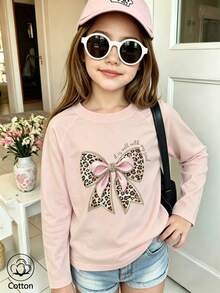 Girls Cotton Twill Long-Sleeved T-Shirt, Autumn/Winter Style, With Leopard-Print Bow Design, In A Cute And Sweet Preppy Style - Pink - View 2