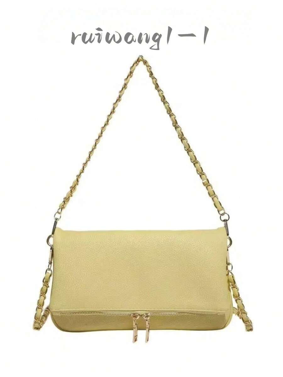 Solid Color PU Shoulder Bag, Dual Gold Zipper Rectangular Mini Crossbody Bag With Detachable Metal Chain Strap, Suitable For Date And Daily Wear - Yellow - View 1