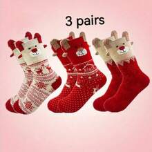 1/3/6/12 Pairs Women's Red Mid-Calf Socks, Printed With Santa Claus, Snowman And Reindeer Patterns, Suitable For Matching Christmas Outfits. - Multicolor - View 9