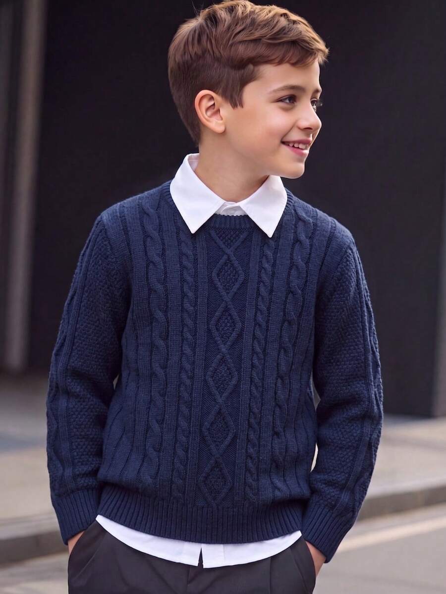 Boys' Round Neck Long Sleeve Knitted Sweater With 3D Cable And Diamond Texture, Vintage Preppy Style Casual Versatile Pullover, Suitable For School Daily Wear In Autumn/Winter - Navy Blue - View 1