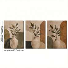 3Pcs Unframed Boho Botanical Art Print Set, Neutral Earth Tone Vase Leaf Canvas Posters, Abstract Geometric Shape Wall Ornament, Modern Minimalist Decor For Living Room Bedroom - A - View 10
