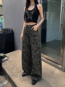 Celana Jeans Wanita Model Retro Kasual Longgar Motif Kamuflase Kaki Lebar untuk Musim Semi dan Gugur - kamuflase hijau militer - View 3