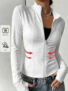 Chaqueta deportiva de cuello alto con cremallera completa para mujer talla grande, manga larga con orificio para el pulgar, ajuste ceñido, top casual para fitness, running y actividades al aire libre - Blanco - Ver 7