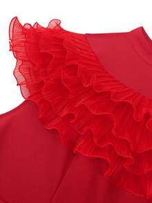 AOMEI Elegante Vestido Maxi Rojo Plisado para Mujer con Cuello Alto, Volantes, Hombros de Malla, Cinturón con Hebilla de Strass, Vestido de Noche Formal para Invitada de Boda y Fiesta - Rojo - Ver 4