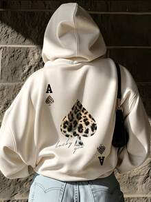 Women's Drawstring Pocket Hooded Sweatshirt, Leopard Print Bird & Letter Graphic On Chest, Soft Fabric, Loose Fit Casual Sweatshirt For Autumn/Winter - Apricot - View 5