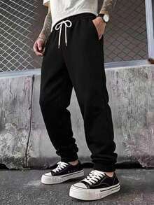 Men's Casual Versatile White Drawstring Elastic Waist Outdoor Black Sweatpants - Black - View 1
