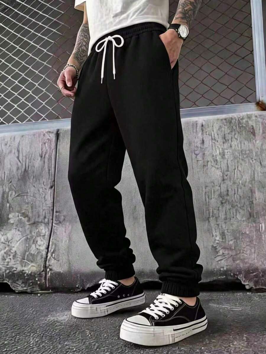 Men's Casual Versatile White Drawstring Elastic Waist Outdoor Black Sweatpants - Black - View 1