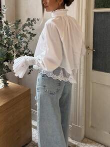 Women's Solid Color Woven Fabric Exaggerated Lace Trim Patchwork Blouse, Suitable For Vacation, Daily, Brunch, Airport Outfits, Spring And Autumn - White - View 2