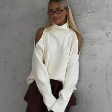 FOR BEAUTY Fall Winter Y2K Elegant Casual White Cold Shoulder Knit Sweater Tops Women Going Out Party Vacation Concert Outfits - White - View 6