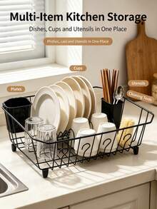Kitchen Sink Countertop Dish Drying Rack, Dish Drain Basket, Dish Organizer With Utensil Basket, Stable Anti‑Slip Support Structure, Large‑Capacity Kitchen Tableware Storage Rack, Bowl & Plate Holder For Kitchen Counter - Black - View 10