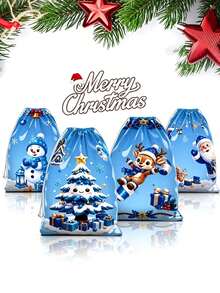 50pcs/25pcs/1pc Christmas Blue Drawstring Gift Bag - Includes Snowman, Santa Claus, Reindeer, And Christmas Tree Designs; Suitable For Christmas Party Gift Wrapping, Winter-Themed Party Souvenirs, And Christmas Dinner Favors. - One Size Fits All - View 1