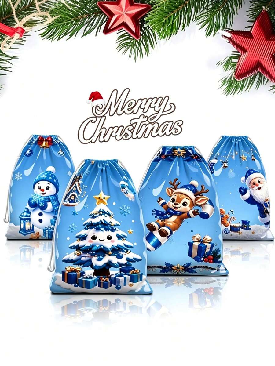 50pcs/25pcs/1pc Christmas Blue Drawstring Gift Bag - Includes Snowman, Santa Claus, Reindeer, And Christmas Tree Designs; Suitable For Christmas Party Gift Wrapping, Winter-Themed Party Souvenirs, And Christmas Dinner Favors. - One Size Fits All - View 1