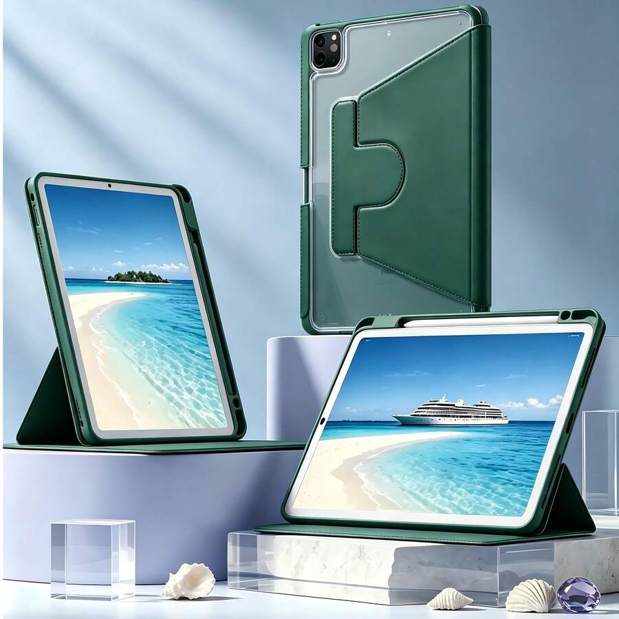 TenYide 1件裝黑色可旋轉壓克力三折360°旋轉支架 壓克力材質 內建筆槽 睡眠/喚醒 平板保護殼 三折保護殼 相容 iPad Mini6/Mini7/9.7/10.2/10.5/Air4/510.9/Pro11吋/10th/Air11(M2)2024/Air13(M2)2024/PRO11(M4)/Pro13(M4)