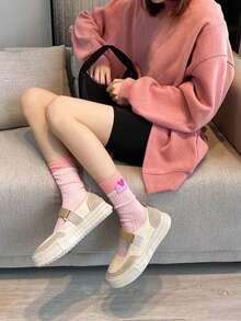 1/4 par de calcetines de media caña para mujer con bloques de color, calcetines de punto con rayas de contraste de dopamina y decoración de etiqueta con corazón, calcetines deportivos casuales suaves, adecuados para combinar con zapatillas, estilo callejero y accesorio de moda de dopamina diario - Multicolor - Ver 10