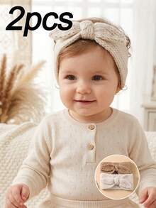 2pcs Autumn/Winter Beige Rabbit Ear Knitted Yarn Baby Headband, Cute Princess Baby Hair Accessory, Suitable For Autumn/Winter Season Wear - Multicolor - View 1