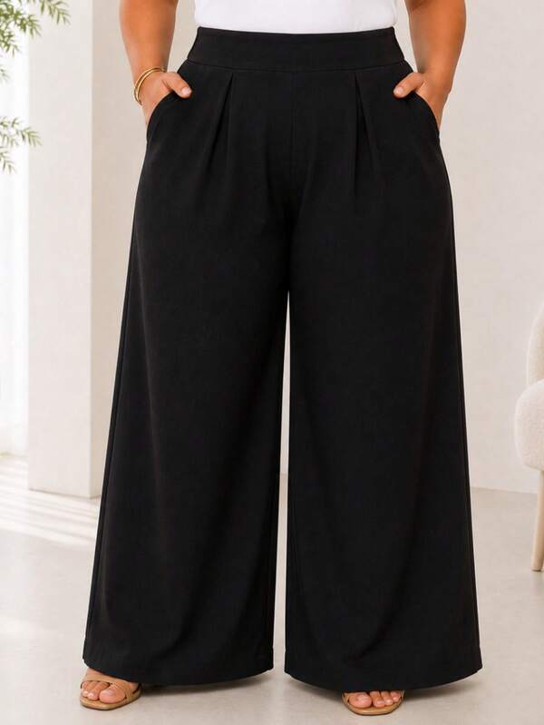 Calça Alfaiataria Feminina com Bolsos Plissada Confortável Elástico nas Costas Premium Wide Leg Social