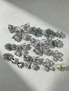 16pcs Insf Style Silver Gray Shoe Charms, DIY Polka Dot Large Butterfly Flower Heart Rhinestone Detachable Accessories, Multi-Functional Shoe Accessories, Suitable For Sandals, Slippers And Beach Bags - Multicolor - View 5