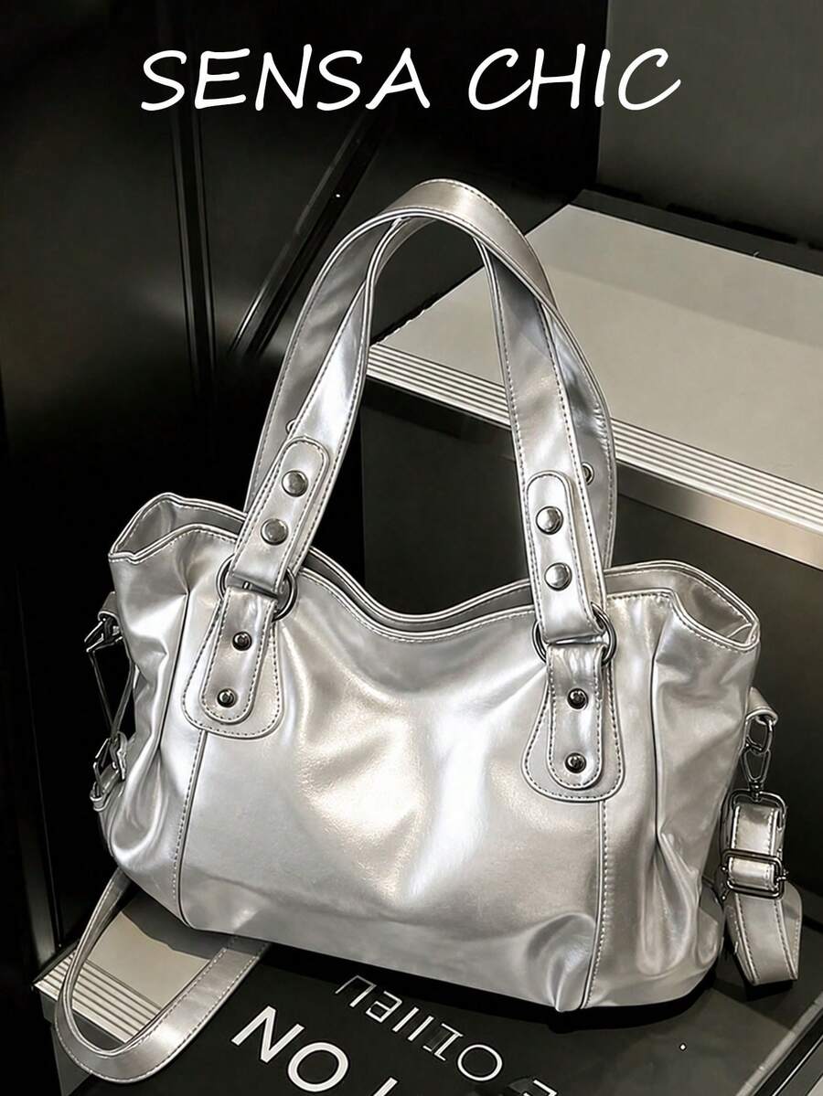 Minimalist Solid Color All-Match Design, Metal Rivet Reinforced Shoulder Strap, Comes With Adjustable Extendable Crossbody Strap. Soft And Relaxed Body, Versatile Style, Can Be Freely Matched With Various Charms, Suitable For Multiple Outfits - Silver - View 1