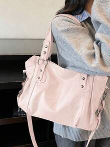 Minimalist Solid Color All-Match Design, Metal Rivet Reinforced Shoulder Strap, Comes With Adjustable Extendable Crossbody Strap. Soft And Relaxed Body, Versatile Style, Can Be Freely Paired With Various Charms, Suitable For Multiple Outfits - Pink - View 5