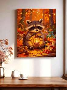 1pc Autumn Theme DIY Digital Oil Painting, Raccoon Canvas Art Painting For Adult Beginners, Wall Decor Home Decor, Holiday Gifts. - Sets - View 3
