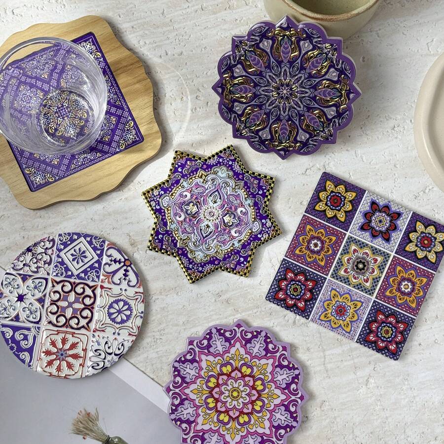 قطعة واحدة من قاعدة الأكواب السيراميكية بأسلوب بوهيمي عتيق باللون البنفسجي مع نقش ذهبي متعدد الأشكال، بنمط هندسي، عازلة للحرارة، سهلة التنظيف، مناسبة لديكور المنزل والطاولة والاستخدام اليومي وهدية عيد ميلاد