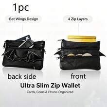 Halloween Punk Gothic Bat Wing Multi Purpose Data Cable Storage Bag,Wallet, 4 Zipper Layers Ultra Slim Portable Coin Purse, Multi-Pocket Small Storage Pouch, Lightweight Pocket Bag For Cards Coins Keys, Fashion Daily Carry Accessory ,Halloween Gift - Dark 3D Bat Wing Storage Bag Series - View 15
