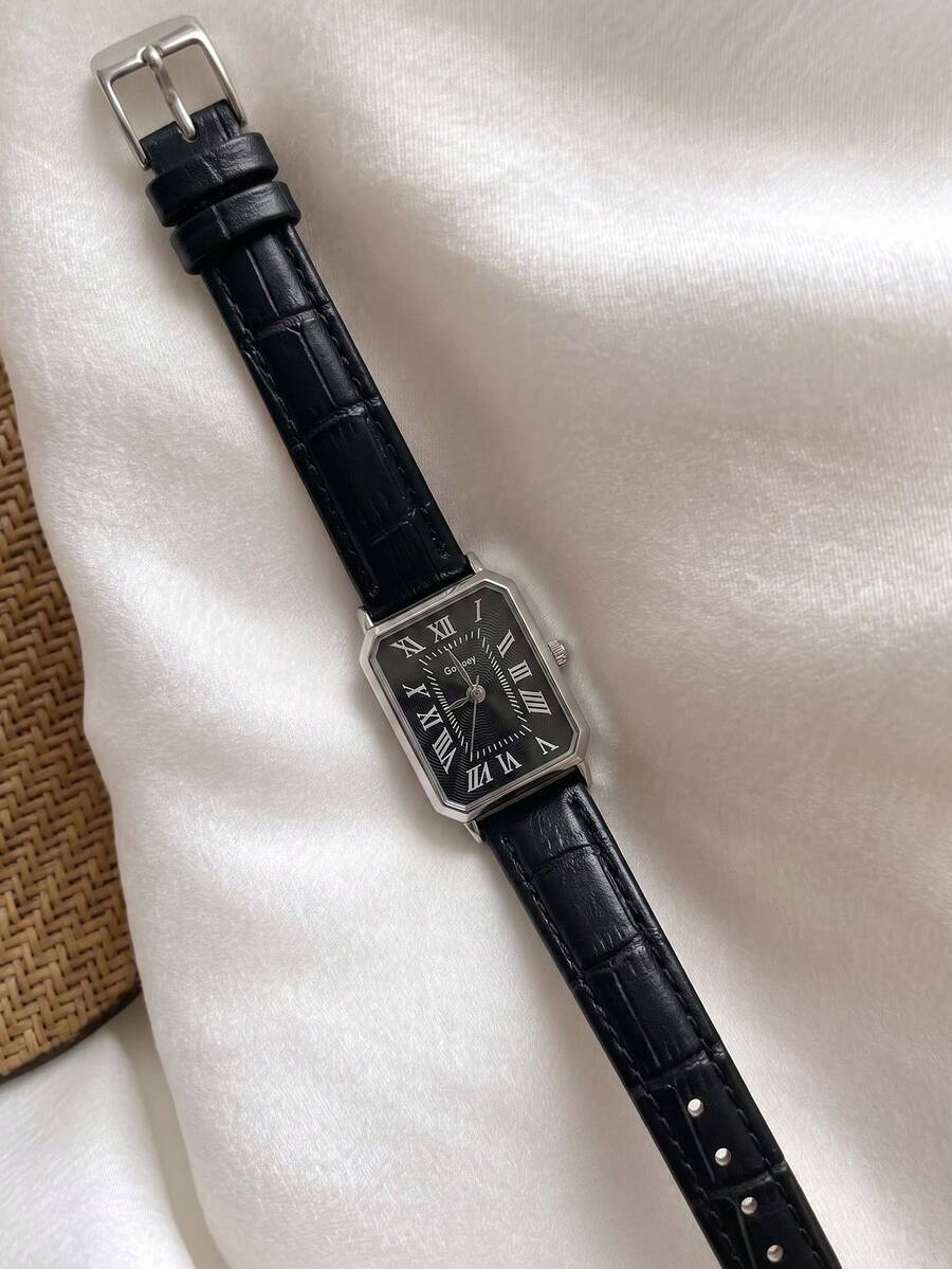 GoGoEy 1pc/Set Vintage Rectangular Roman Numeral Women's Quartz Watch, Black Bamboo Texture Leather Strap Wristwatch, Fashion Minimalist Commuter Niche Style Women's Watch For Daily Wear, Dating, Party, Birthday, Holiday Gift - Black - View 1