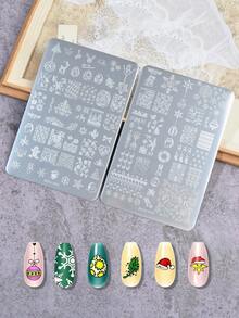 2片裝聖誕元素全印花不鏽鋼美甲印花板，DIY美甲轉印模板工具 - 銀色 - 查看 1