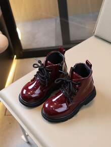 Children's Glossy Short Ankle Boots, Lace-Up Side Zipper Non-Slip Thick Sole Fashion Ankle Boots, Suitable For Toddler Boys And Girls - Burgundy - View 2