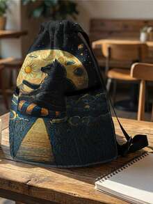 1PC Drawstring Backpack, Drawstring Sack, Sports Backpack, Large‑Capacity Lightweight Style, Outdoor & Fitness Storage Bag, Cat‑Pattern Printed, Convenient For Storing Sports Gears And Changing Clothes - Black Kitten 8401813 - View 6