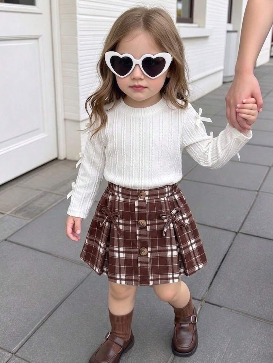 Baby Girls 2pcs Set Autumn/Winter Outfit Cute Fashion Versatile Cartoon Bow Decor Knitted Jacquard Round Neck Long Sleeve Solid Color Top + Button Decor Plaid Skirt Skort Vintage Set Suitable For Outdoor Wear - Apricot - View 1