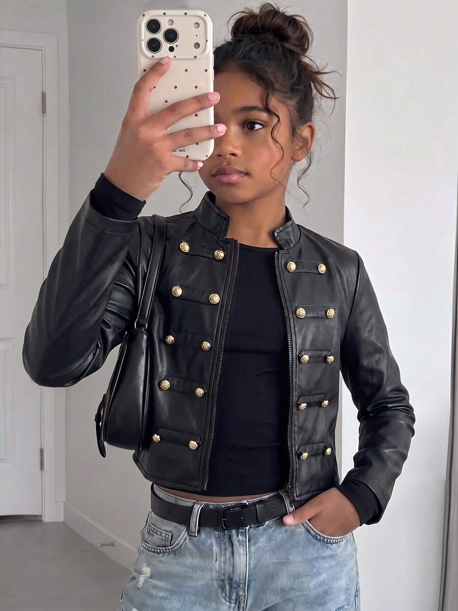 Tween Girl Fashionable Napoleon Style Cropped Leather Jacket With Metal Double-Breasted Decorative Buttons, New Arrival, All-Season Versatile For Daily Wear , Back To School Essential - Black - View 1