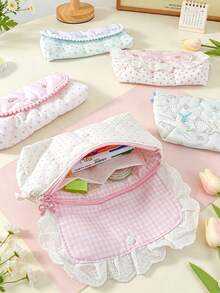 1 buah Tas Kosmetik Kartun Lucu Berbahan Quilted, Kapasitas Besar, Kantong Makeup dengan Dekorasi Pita Manis, Organizer Perlengkapan Mandi Portabel untuk Perjalanan & Penggunaan Sehari-hari, Kotak Pensil Feminin - MultiWarna - View 3
