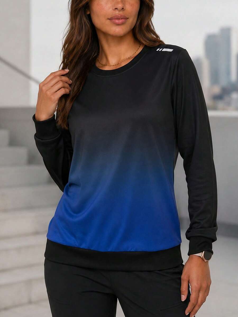 Sweatshirt Olahraga Lengan Panjang Leher Bulat Minimalis Warna Gradien untuk Wanita - Hitam - View 1