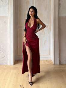 Luxury Elegant Sexy Halter Neck Tie Slit Evening Dress For Wedding And Festival - Burgundy - View 3