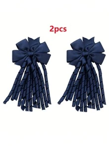 2pcs Navy Blue Large Bow Hair Clips, Long Spiral Tassel Satin Ribbon Hair Clips, Exquisite Hair Accessories For Girls' Daily Wear, Suitable For Back To School Season - Multicolor - View 8