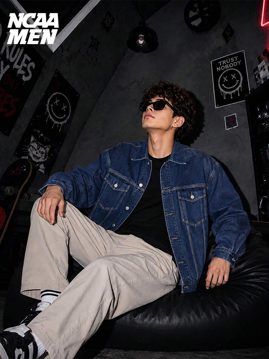 Classic Blue Washed Denim Jacket, American Basic Style, Turn-Down Collar, Utility Pockets, Loose Fit, Unisex, Spring/Autumn - Blue - View 1