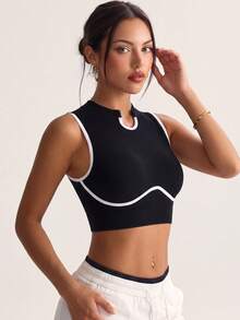 Women's Seamless Open Back Fitness Sports Cropped High Neck Contrast Color Trim Ribbed Tank Top, Suitable For Gym, Yoga, Casual Street Wear - Black - View 5