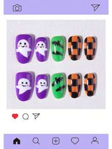 Halloween 30pcs Short Oval Press-On Nails, Bat, Ghost, Checkerboard Pattern Design, Acrylic Material Set Includes: 1pc Jelly Glue And 1pc Nail File - Multicolor - View 2
