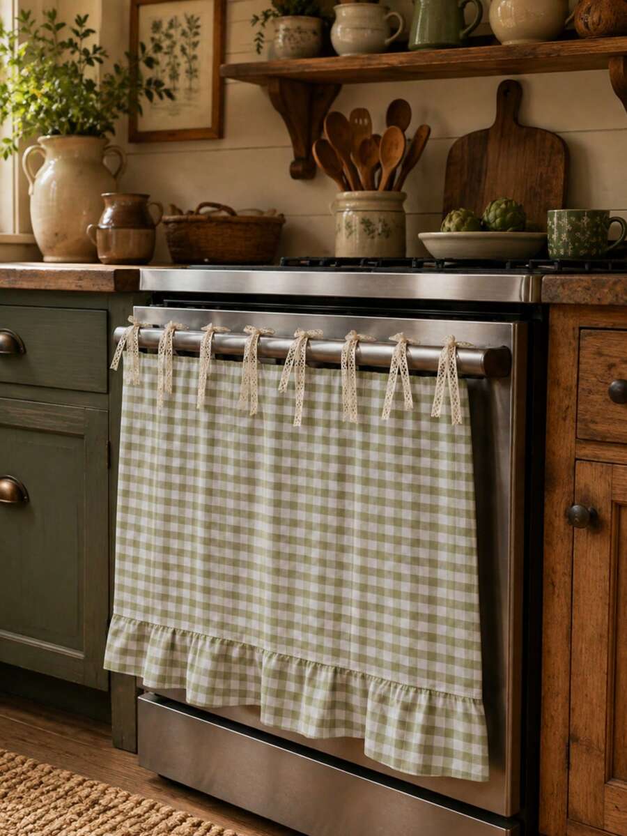 Plaid Oven Curtain, Lace Tie Top And Ruffle Hem, Short Kitchen Tier Curtain, Oil-Resistant Decorative Cover, Suitable For Stove, Oven, Open Cabinet And Small Window, Farmhouse Style Home Decor - Mint Green - View 1